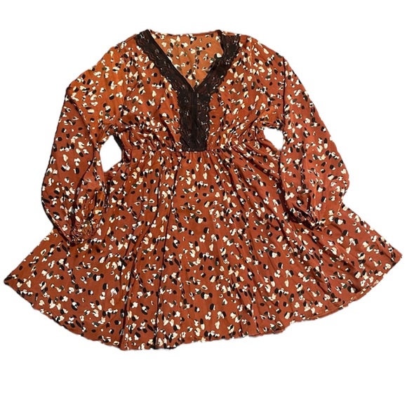 Lace Paint Stroke Leopard Print Rust Long Sleeve Flowy Dress. - Picture 3 of 10